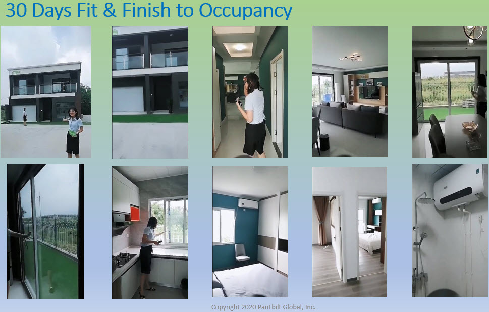 Photo collage documenting the fit-and-finish process of a PanLbilt home, from exterior shell to finished interior.