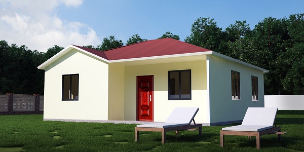Rendering of the PanLbilt Bay Tree II single-story model with a red roof and red front door.