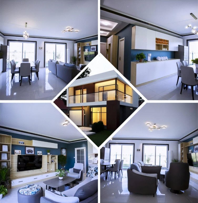 Finished interior of a PanLbilt two-story home: open living room, dining area, and kitchen with an exterior rendering inset.