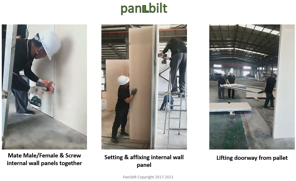 Mating male/female panel edges and screwing internal wall panels together, then lifting a doorway panel from the pallet.