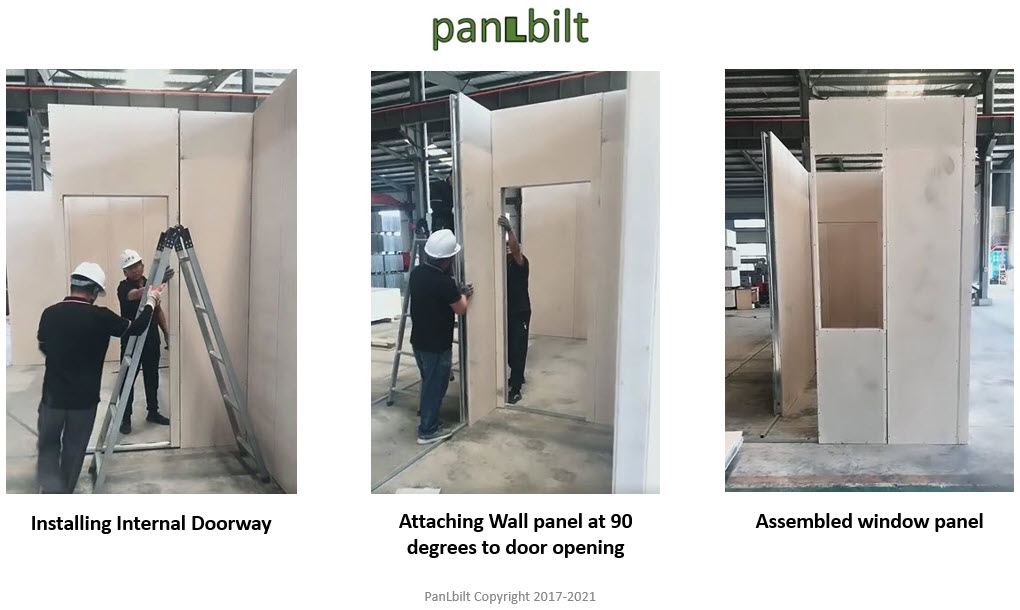 Installing an internal doorway, attaching a wall panel at 90 degrees to the door opening, and an assembled window panel.