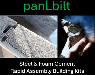 PanLbilt graphic showing a close-up of the foam cement board core, a held sample of cured foam cement, and the tagline 'Steel & Foam Cement Rapid Assembly Building Kits.'